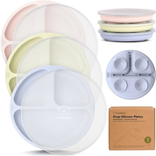 KeaBabies Suction Plates with Lids for Baby - 3-Pack 100% Silicone Suction Plates for Baby, Kids,Toddler Plates,Divided Baby Plates with Suction,Lids, BPA-Free, Microwave, Dishwasher Safe (Rain)