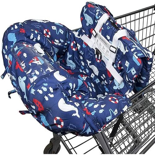 Shopping Cart Cover for Baby- 2-in-1 - Foldable Portable Seat with Bag for Infant to Toddler - Compatible with Grocery Cart Seat and High Chair (Blue Whale)