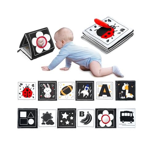 Infinno Black & White Baby Toys High Contrast Crinkle Cloth Activity Book, Infant Mirror Toys for Baby 0-6 Months, Newborn Sensory Tummy Time Toys for Infants, Baby Development Essential