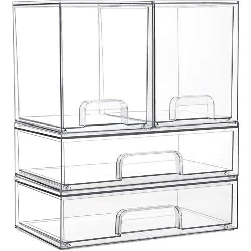 Vtopmart Clear Stackable Storage Drawers Set of 4, Plastic Organizer Bins for Makeup, Cosmetics, Beauty Supplies,Ideal for Vanity, Bathroom,Cabinet,Pantry Organization