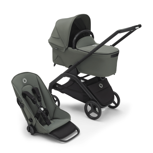 Bugaboo Dragonfly bassinet and seat stroller black base, forest green fabrics, forest green sun canopy
