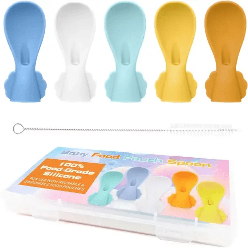 Infant Silicone Feeding Set & Baby Food Pouches Adapter Tops: Effortless, No-Leak Spoons for Baby Meals, Compatible with Multiple Pouch Types, Ideal for Babies Aged 3+ Months, 5-Pack Bundle