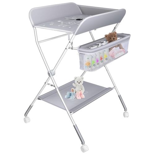 LIVINGbasics Portable Baby Diaper Table, Diaper Changing Table with Wheels, Large Storage Basket and Shelf