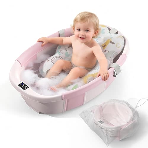 TOSGN Collapsible Baby Bathtub, 3s to Install, Baby Bath Tub with Soft Cushion & Thermometer, 0-36 Months Newborn Bathtub,Portable Travel Baby Tub, Pink