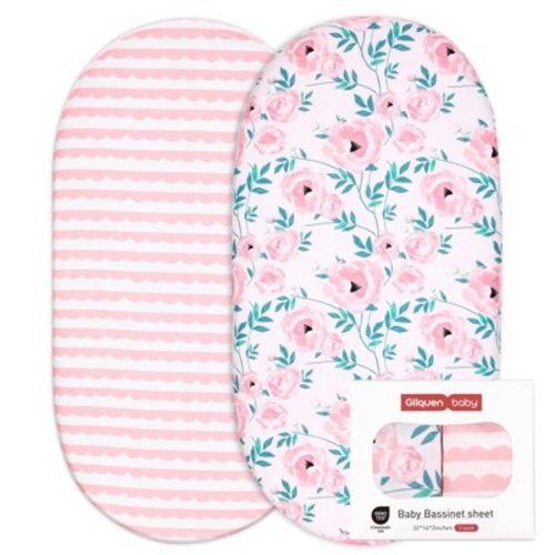 "Gllquen Baby Bassinet Crib Sheets Set, 32""X16"", Cozy Fitted Mattress Bed, Breathable, Safe, Rose Garden Design"