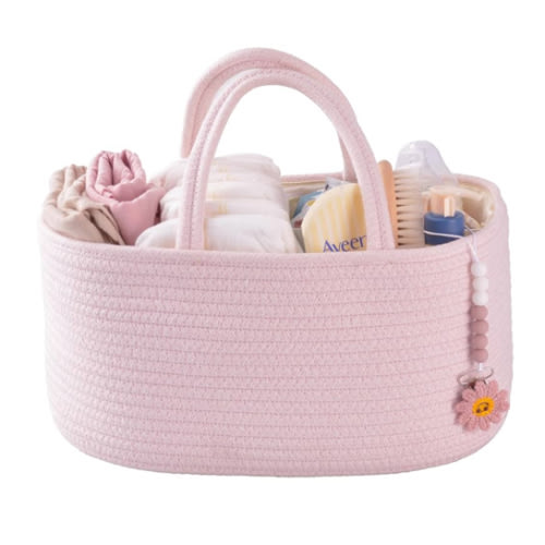 Baby Diaper Caddy Organizer for Girl Boy Rope Nursery Storage Bin Basket Portable Holder Tote Bag for Changing Table Car Travel Baby Shower Gifts Newborn Essentials Registry Must Have Items Pink