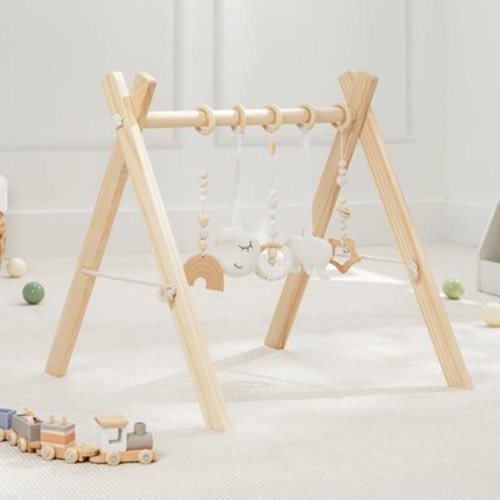 Comfy Cubs Baby Play Gym Set, Wooden Hanging Bar with Gym Toys, Foldable for Infants, Natural Wood