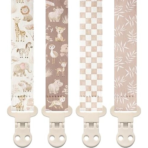 Stadela Baby Fabric Pacifier Clip Holder, Plastic Clip, 4‑Pack, Safari Pattern, Savanna Set