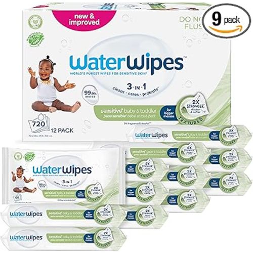 WaterWipes Sensitive+ Baby & Toddler Wipes, 3-In-1 Cleans, Cares, Protects, 99.9% Water, Textured Clean, Unscented & Hypoallergenic, 540 Count (Pack of 9)
