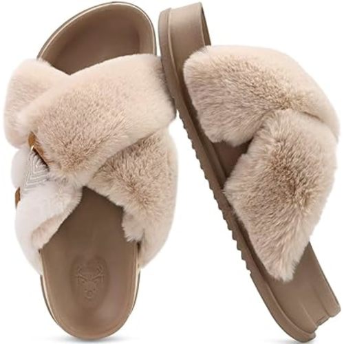 KuaiLu Women's Fuzzy Cross Band Platform Slippers Comfortable Faux Fur Open Toe Arch Support Slides Slippers for Indoor Outdoor