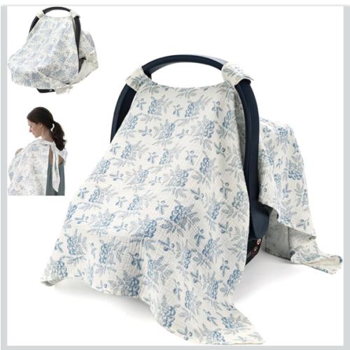 SERAPHY 2-in-1 Muslin Baby Car Seat Cover & Nursing Cover, Soft Lightweight Breastfeeding Cover for Boys and Girls,Breathable Canopy for Infant Carseat & Stroller for Summer—Blueberrie