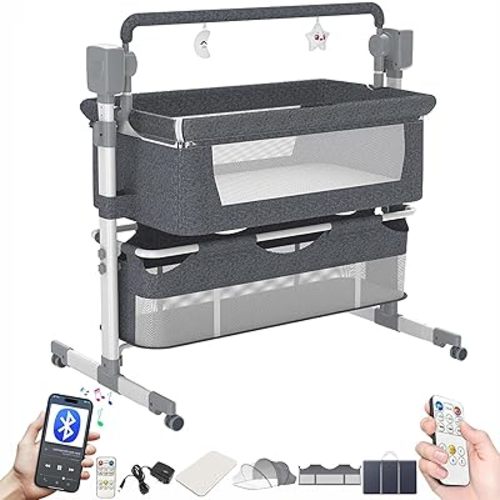 Electric Baby Bedside Crib Multifunctional Bassinet for Co-Sleeping Convertible Bedside Cot Foldable Infant Bedside Sleeper Toddler Cradle with Bluetooth Music 5 Swaying Gears Remote Control (601Gray)