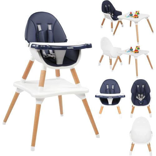 JOYMOR 5-in-1 Convertible Baby High Chair for Babies and Toddlers, Table and Chair Set, Wooden Infant Eating Highchair with Leather Seat Cushion, 4-Position Removeable & Adjustable Tray