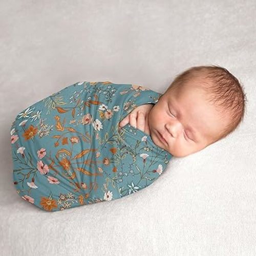 Sweet Jojo Designs Boho Wildflower Vintage Floral Girl Baby Swaddle Blanket Infant Newborn Lightweight Jersey Stretchy Receiving Security Stroller Cover Teal Blue Rust Paisley Leaf Bohemian Farmhouse