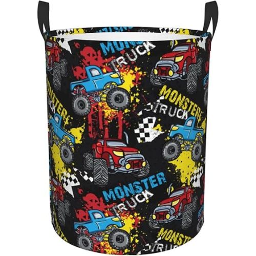 Laundry Basket Monster Truck Room Decor,Round Laundry Hamper Waterproof Dirty Clothes Hamper Collapsible Laundry Baskets With Handles,Toy/Clothes Storage Basket For Home Dorm Bathroom Decor