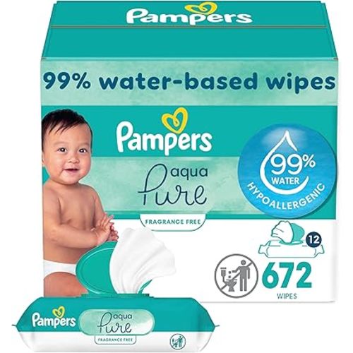 Pampers Baby Wipes Aqua Pure, 99% water-based wipes, Hypoallergenic and Unscented Baby Wipes, 672 Wipes Total (12 Flip-Top Packs)