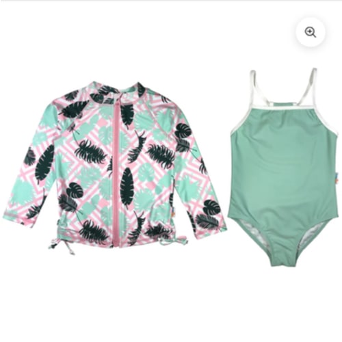Girls One-Piece Swimsuit + Long Sleeve Rash Guard Set (2 Piece) | "Palm Breeze"
