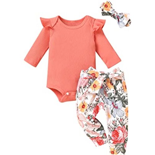 Aalizzwell Preemie Newborn Infant Baby Girls Clothes Ribbed Romper Bodysuit Pants Set Fall Winter Outfits