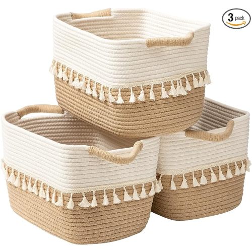TeoKJ Woven Storage Bin Set of 3, Cotton Rope Basket for Storage, Clothes Storage Basket Bin for Organizing and Storage, 15"x10"x9" Fabric Storage Basket for Books, Plants, Pet Treats, White & Jute - White + Jute
