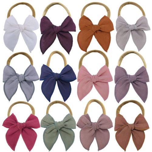 Linen Bow Nylon Headband for Baby Newborn Infant Toddler Hair Bow Elastic Bands for Baby Girls Little Kids Headbands (Linen Fable bow 3'')