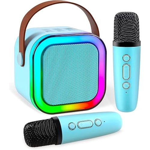 Mini Karaoke Machine,Portable Bluetooth Speaker with 2 Wireless Microphone for Kids Adults with Led Lights,Christmas Birthday Gifts for Girls Ages 4-12 Years Old Support USB/TF/AUX for Home Party,Blue