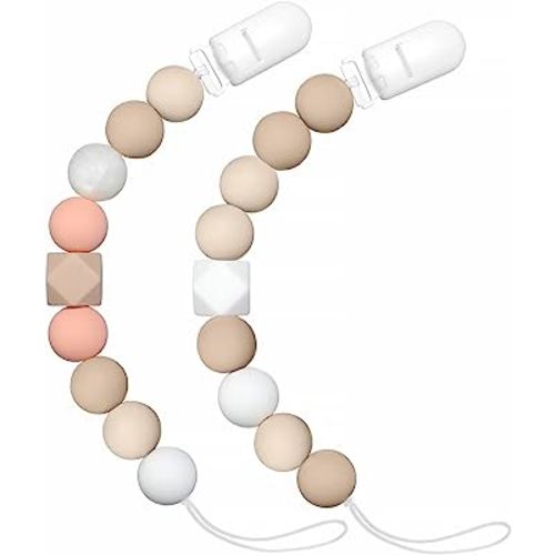 Pacifier Clip for Baby Boys Girls, Pacifier Holder,Neutral Binky Clips for Baby Gift,2 Pack(Beige,Grey)