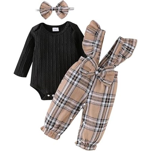 ODIMAME Baby Girl Clothes Newborn Suspender Overalls Long Sleeve Ribbed Romper Fall Winter Outfits Bow Headband 0-18 Months