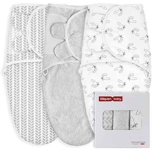 GLLQUEN BABY 3 Pack Newborn Swaddle - Baby Swaddle 0-3 Months for Baby Boys and Grils, Adjustable Sleep Sack for Newborns, Stripes & Bunnies, Swaddling Blankets