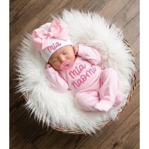 Newborn Girl Coming Home Outfit, Personalized Romper and Pink Bow