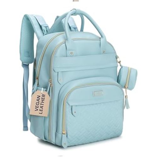 BabbleRoo Leather Diaper Bag Backpack - Baby Essentials Travel Baby Bag, Multi function, Water Resistant, with Changing Pad, Stroller Straps & Pacifier Case – Unisex, Powder Blue