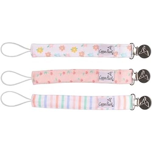 Copper Pearl Pacifier Clip 3-Pack: Premium Knit Binky Clips for Baby Girls and Boys - Stylish Stainless Steel Pacifier Holder Clip - Cheery