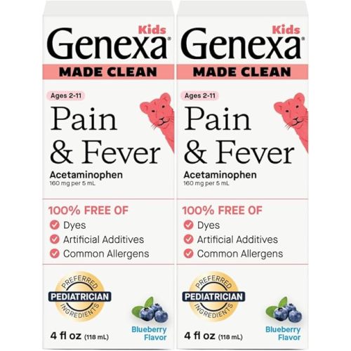 Genexa Children's Clean Acetaminophen | Pain & Fever Reducer for Kids | Kids Medicine, Dye Free Acetaminophen, 0% Artificial Additives | Ages 2-11, Delicious Organic Blueberry Liquid, 8 fl oz (2 Pack)
