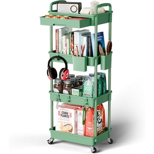 4 Tier Rolling Cart Organizer,Art Craft Diaper Bedside Snack Laundry Room Bathroom Organizer Narrow Thin Slim Rolling Trolley Utility Cart with Wheels for Kitchen,Office(Green)