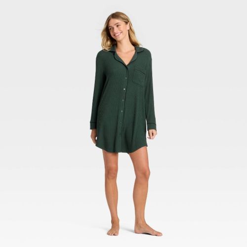 Women's Cozy Ribbed Notch Collar Nightgown - Auden™ Green M