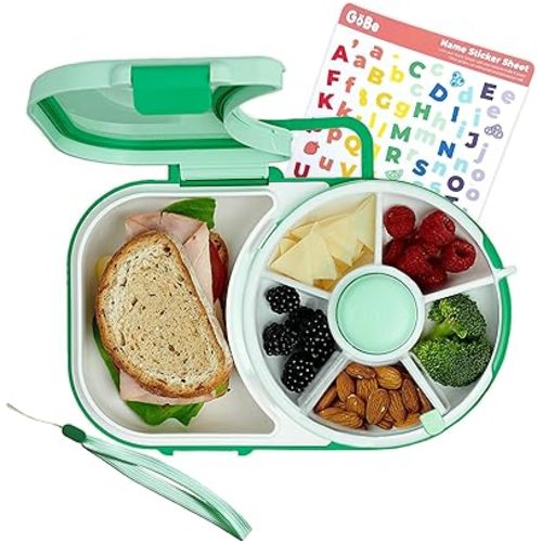 GoBe Kids Lunchbox with Small Snack Spinner Flip - Bundle with Hand Strap & Sticker Sheet, 2-in-1 Bento Style Lunch Container, 5 Small +1 Large Sandwich Compartment, BPA & PVC Free - Mint Green