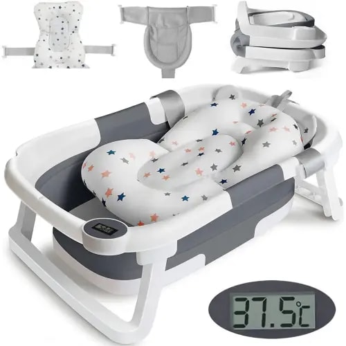 TOPCHANCES Collapsible Baby Bathtub with Thermometer, Newborn Baby Shower Tub with Baby Tub Cushion & Bath Net, Portable Baby Folding Bathtub for 0-12 Month Newborn, Grey