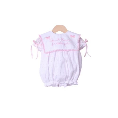 Embroidered Thank Heaven for Little Girls Pink Swiss Dot Bubble