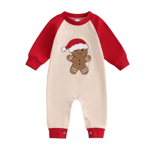 Lesimsam Unisex Newborn Baby Boy Girl Christmas Outfit Gingerbread Man Embroidery Long Sleeve Romper Jumpsuit Winter Clothes