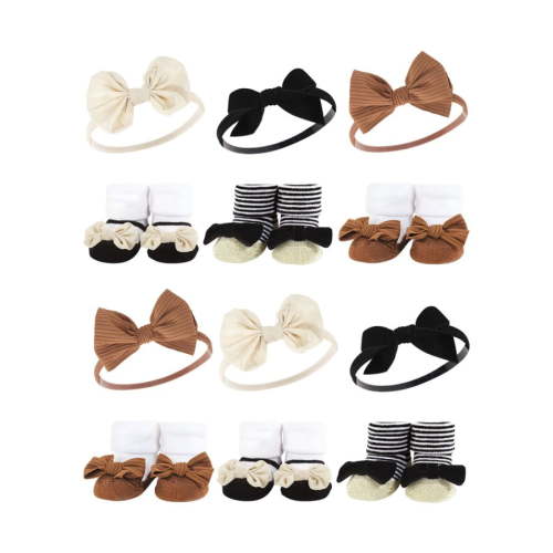 Hudson Baby Infant Girl 12Pc Headband and Socks Giftset, Black Stripe Neutrals, One Size