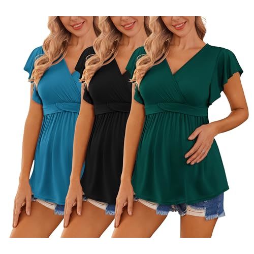 Ekouaer Maternity Shirts 3 Packs Flying Short Sleeve Nursing Tops Pregnancy Clothes