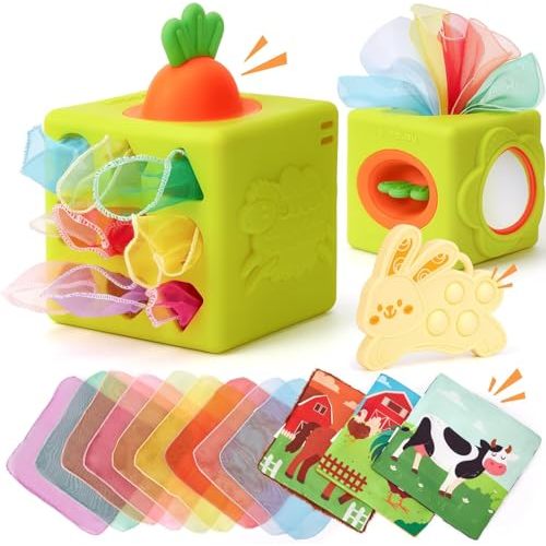 hahaland Baby Tissue Box Toy - Silicone Baby Toys 6-12 Months Montessori Toys for 6 Month Old, 6-in-1 Soft Busy Activity Cube with Scarves, Crinkle, Textures, Mirror, Sensory Popper, 12-18 Months Toy