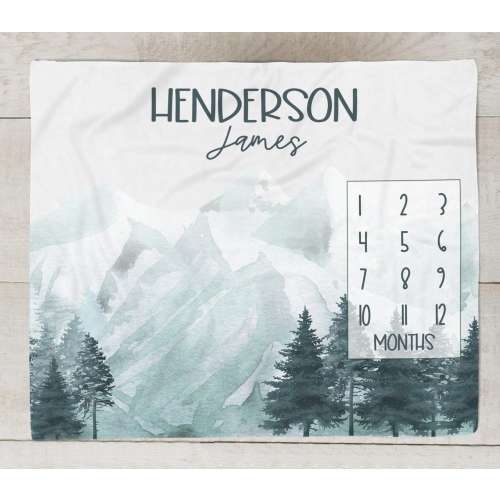 Baby Boy Milestone, Personalized Baby Boy Blanket, Mountain Milestone Blanket, Custom Month Blanket, Newborn Photos Baby Shower Gift -SM101