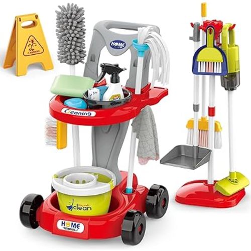Toddler Cleaning Set,Kids Cleaning Toy Set,New 29-Piece Detachable Kids Cleaning Set for Toddlers - Pretend Play Educational Cleaning Carts (red)