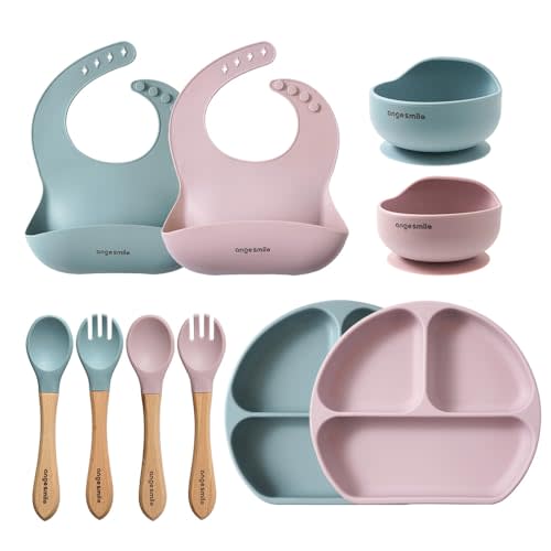 Baby Feeding Essentials Silicone Ange Smile 12 Set Bib, Baby Bowl, Suction Plate, Spoon, Fork Eating Utensils for 6+ Months Kids Toddler Kawaii (Blue/Pink)