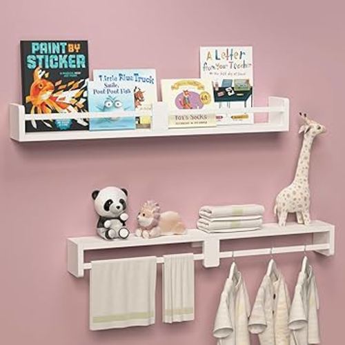 32 Inch White Nursery Book shelves, Floating Shelves Set of 2, Wall Mounted Hanging Shelves for Kids Room Wall, White Wall Shelves, Baby Book Shelves for Kids Bedroom Decor Organizer - White