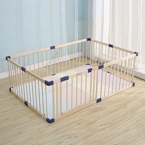 Kids Play Fence with Door,Wood Playpen Baby Safety Play Center Yard, Safe Play Area Indoor Kids Safety Activity Center Playard w/Locking Gate, Without Mat
