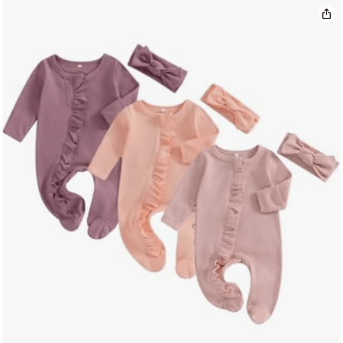 Merqwadd Baby Girl Zipper Pajama Footies 3 Pack Ruffle Sleeper Coming Home Infant Cotton Clothes