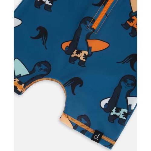 Long Sleeve One-Piece Rashguard, Orange Sloths On Navy Blue - Deux par Deux | Maisonette
