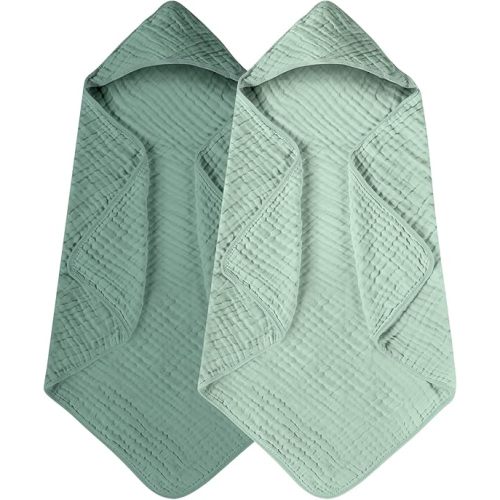 Yoofoss Hooded Baby Towels for Newborn 2 Pack 100% Muslin Organic Cotton Baby Bath Towel with Hood for Babies, Infant, Toddler and Kids, 32x32Inch, Soft and Absorbent Newborn Essential, Gradient Green