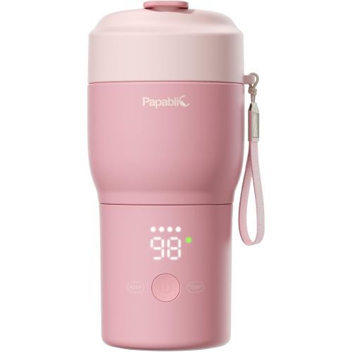 Papablic Portable Bottle Warmer Pro for Travel – Fast Heating, Built-in Sterilizer, 30W Fast Charge, 5-Temp Control, Easy-Clean Wide Mouth, Baby Milk Warmer for Breastmilk & Formula, Sakura Pink